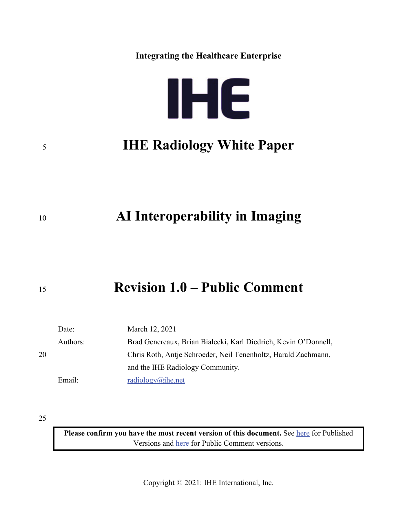 First page of the IHE AI Interoperability in Imaging white paper